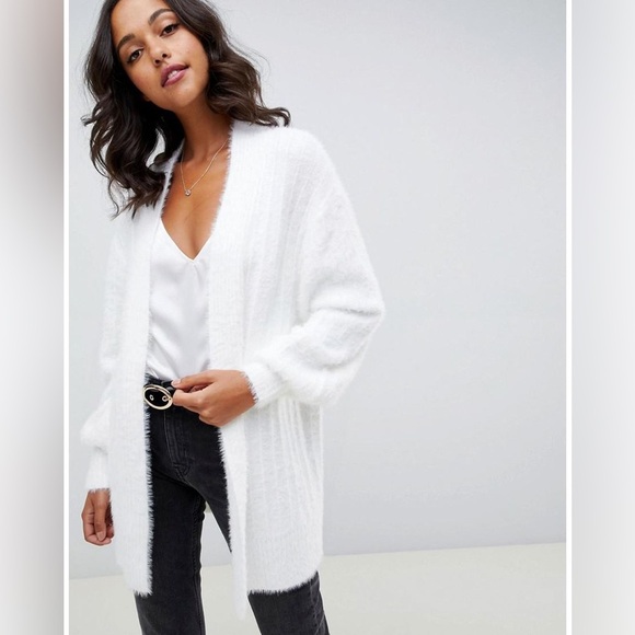 ASOS Cream White Soft Plush Fluffy Rib Long Open Front Cardigan - Picture 1 of 6
